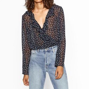 Zara Sheer Navy Star Print Faux Wrap Long Sleeve Ruffle V-neck Bodysuit Medium M
